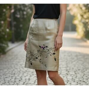 Rafaella Pencil Skirt 100% Silk Preppy Artsy Office SZ 14 Green Embroidery Lined